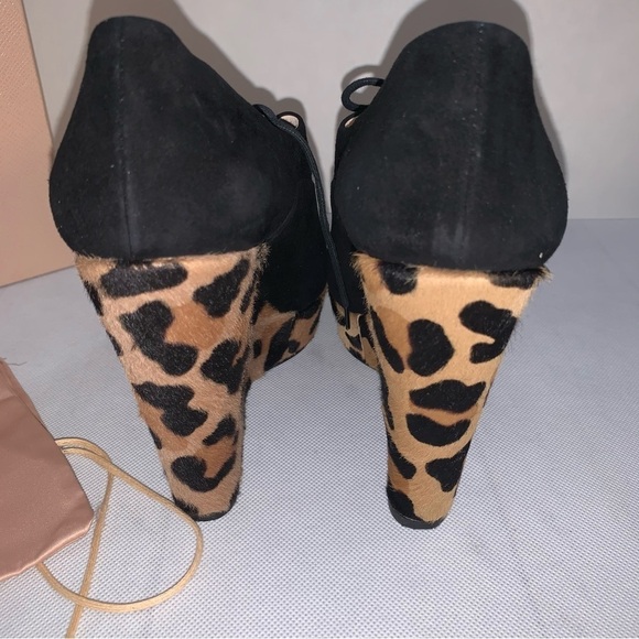 Prada Black Suede Leopard Print Calf Hair Peep Toe Wedges - Picture 4 of 10